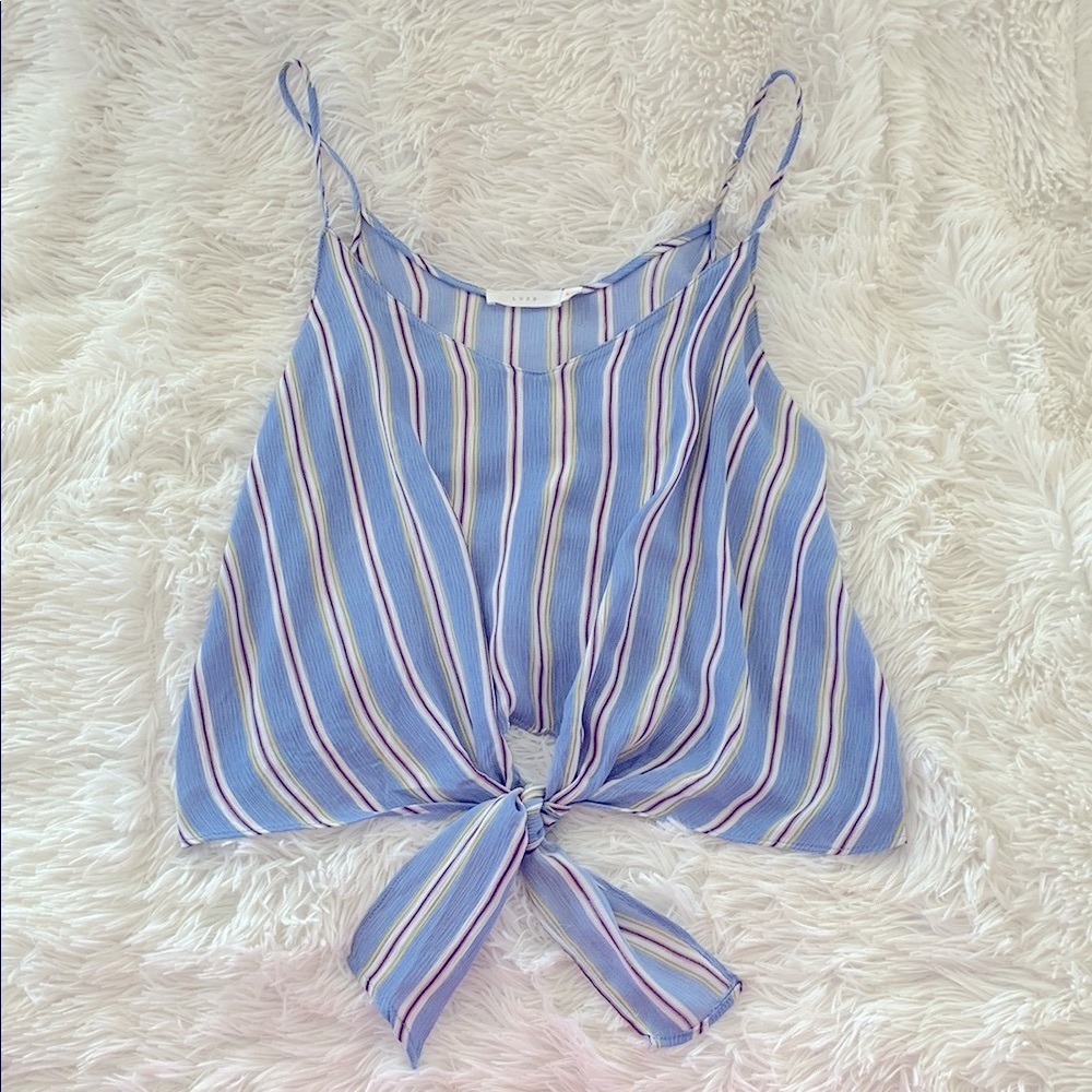 Lush Blue and White Tie Front Crop Top